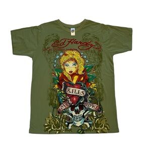 Ed Hardy Y2K Olive Green Love Kills Slowly Rhinestone Embellished XL Tshirt